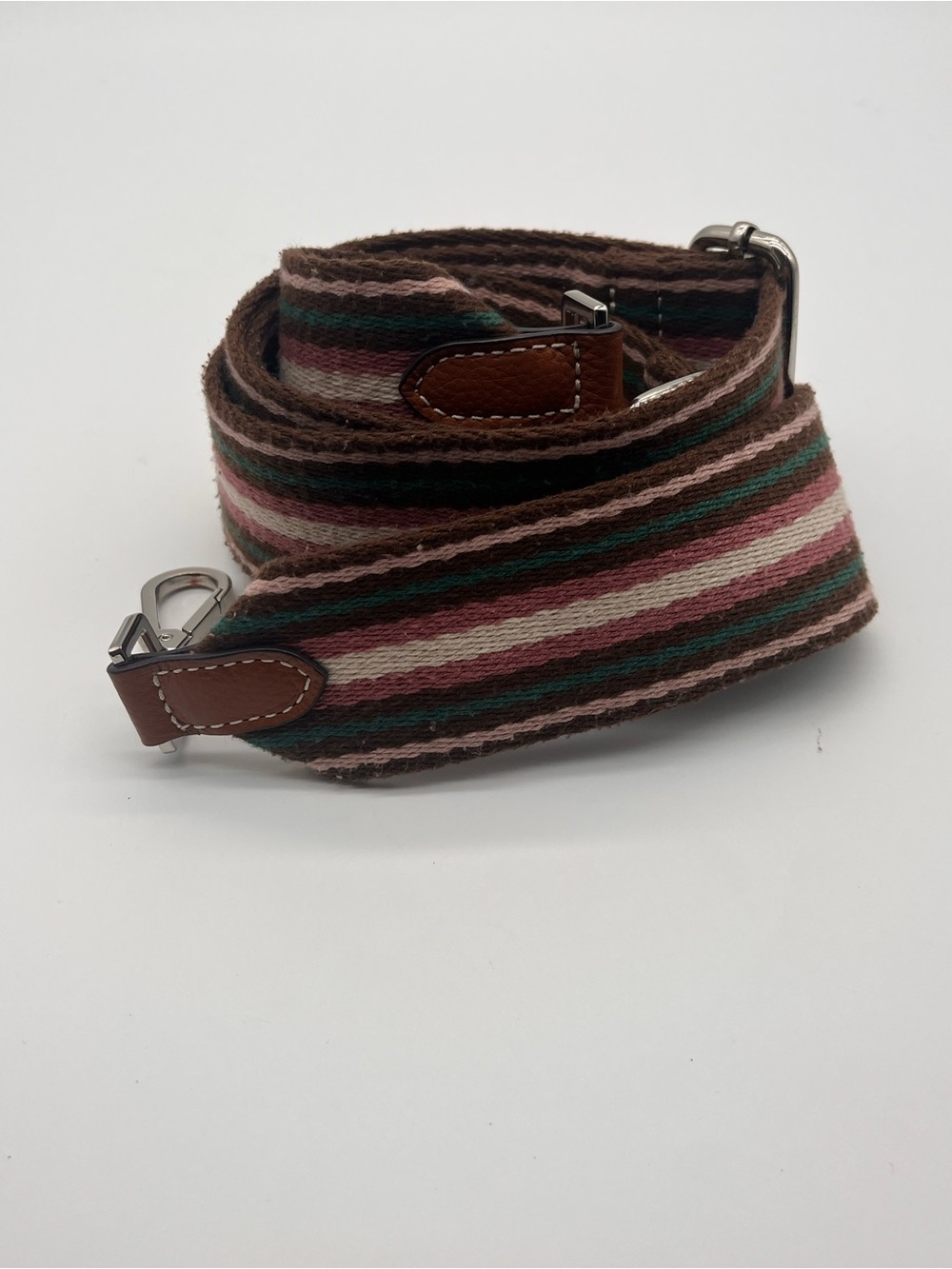 Striped Canvas Shoulder Strap Brown Mauve Silver Hardwear Wide Adjustable 52"